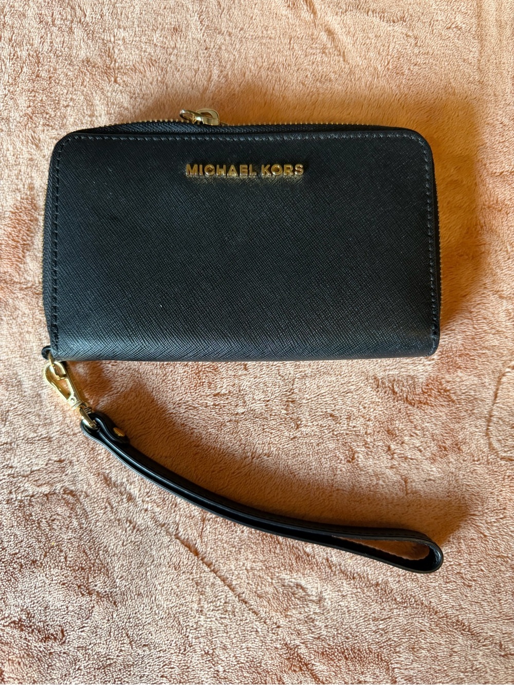 Michael Kors Black Saffiano Zip-Around Wristlet with Gold Logo